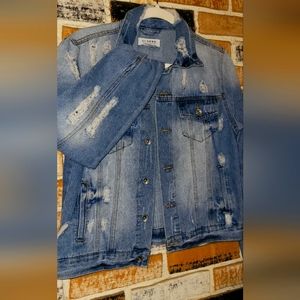 Denim Jacket with custom decal on the back. Distressed looksize M